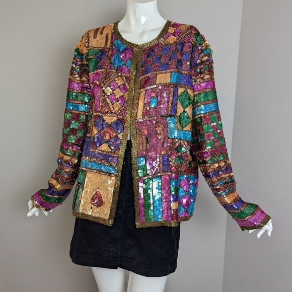 Vintage 100% Silk Sequin Jacket – Art Deco Patchwork – XL Statement Glam - Picture 1 of 13